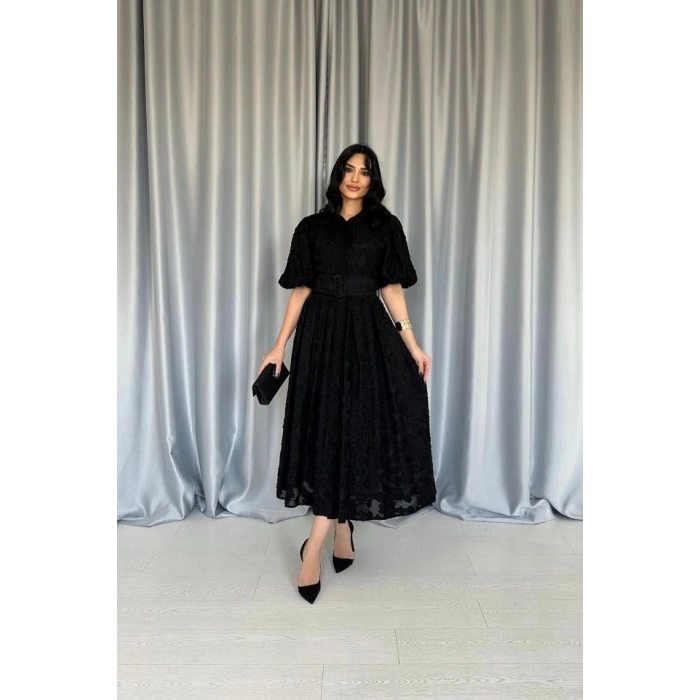 Siyah Kemerli Balon Kollu Elbise