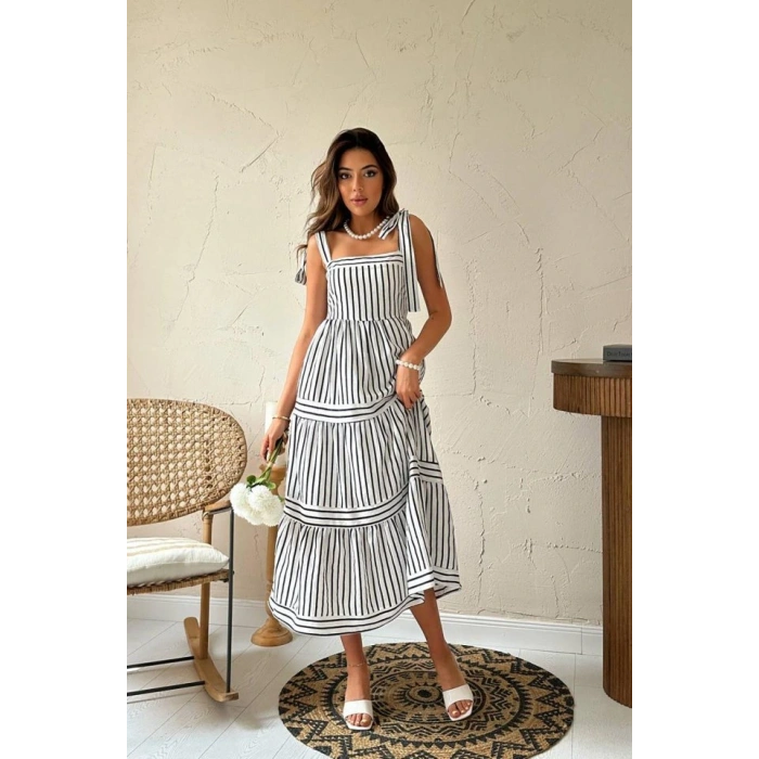 Siyah Omuzdan Bağlamalı Çizgili Elbise