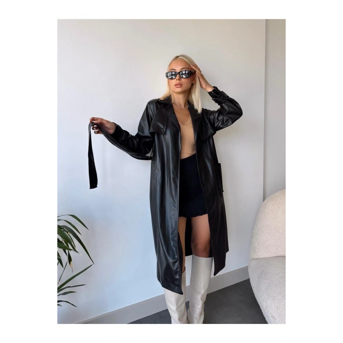 Suya Dayanıklı Kadın Deri Trençkot Siyah Ceket