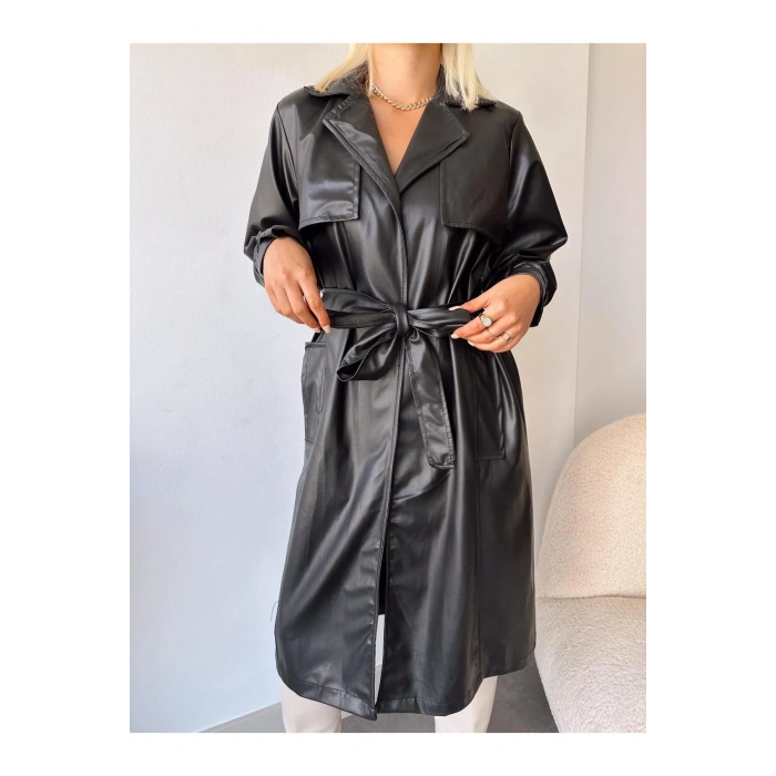 Suya Dayanıklı Kadın Deri Trençkot Siyah Ceket