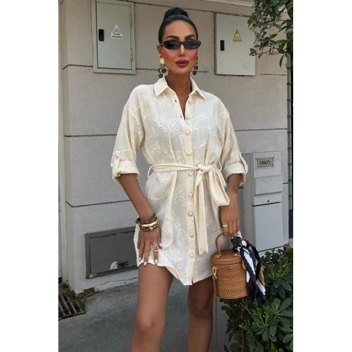 Süzene Nakışlı Ve Gold Düğmeli Elbise 2742