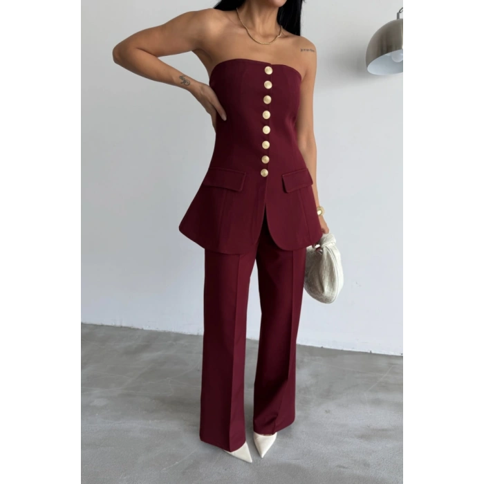 TAARIM GOLD DÜĞMELİ TRAPLEZYELEK  Bordo