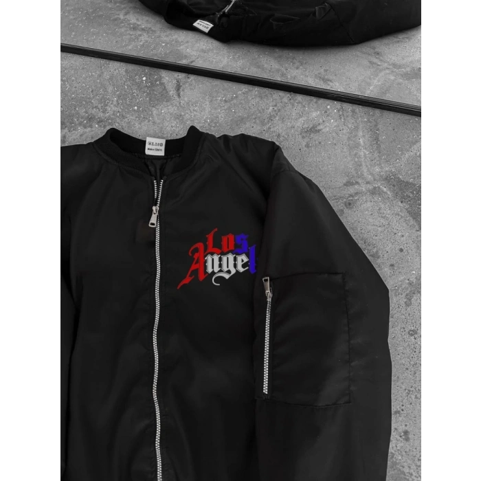 Tam Fermuarlı Uzun Kol Baskılı Bomber Ceket  iyah