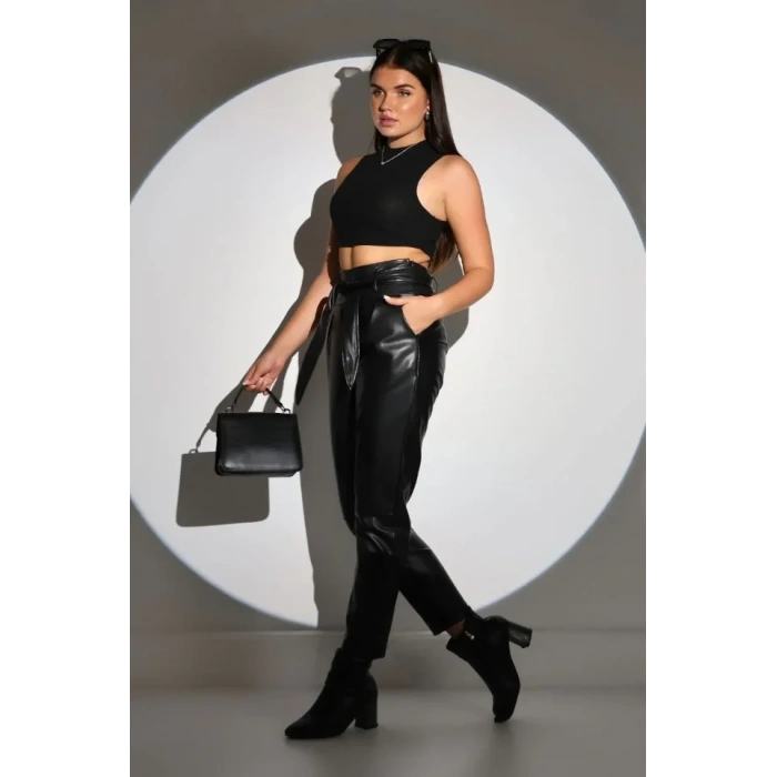 Tam Kalıp üni Derİ Pantolon  iyah