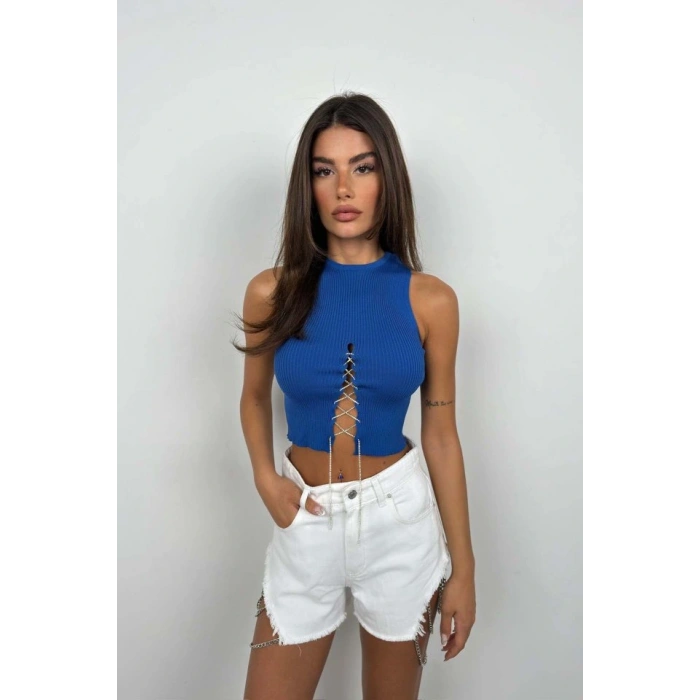 Taş Detay Dekolteli Crop Bluz