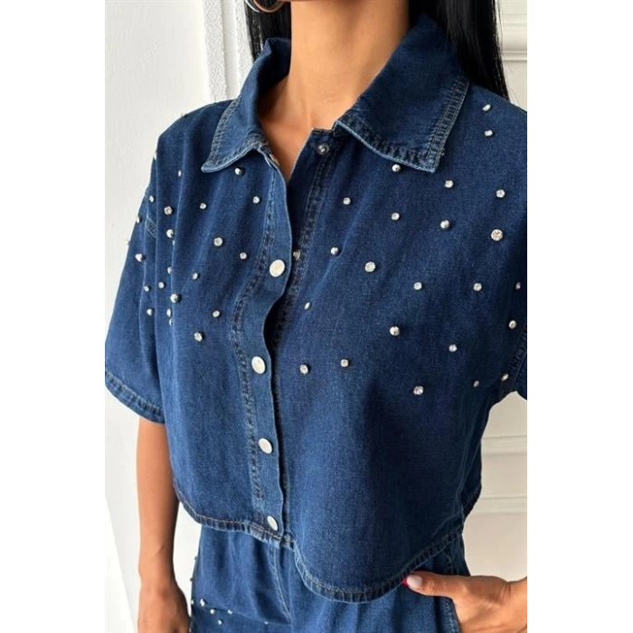 Taş Detaylı Gömlek Şort Denim Takım 10175