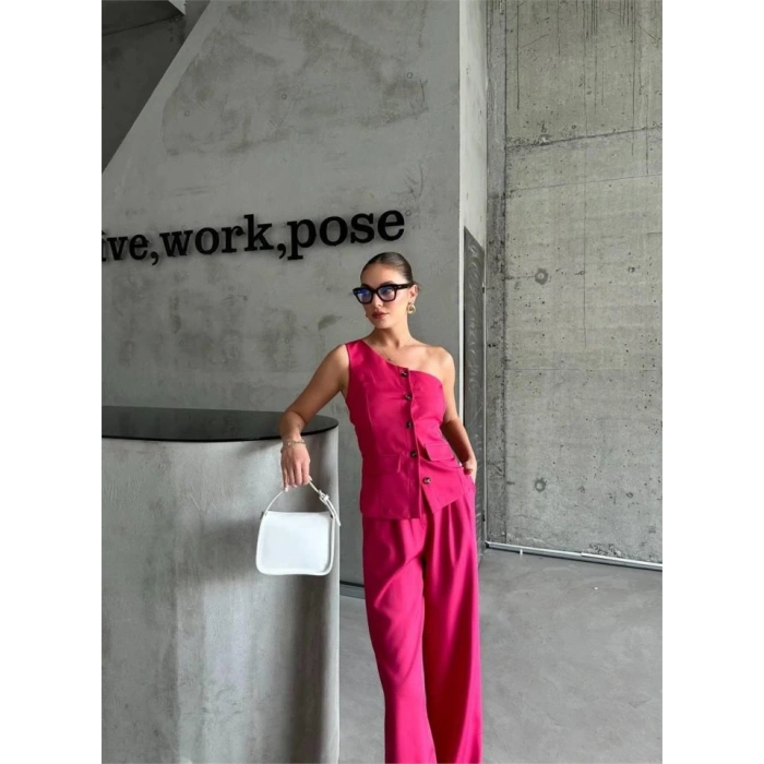 TEK KOL YELEK  PANTOLON TAKI ATLA  Fuşya