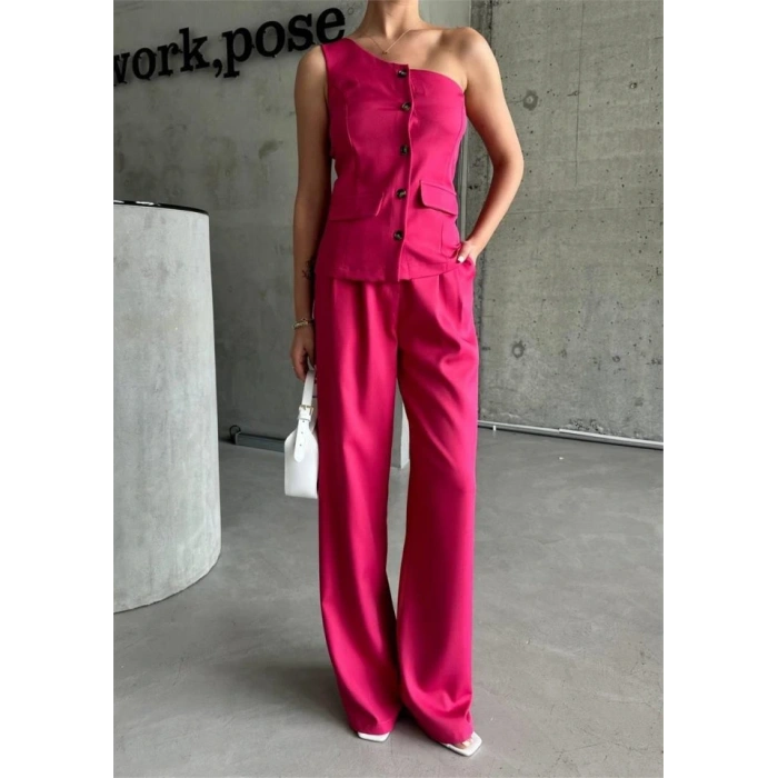 TEK KOL YELEK  PANTOLON TAKI ATLA  Fuşya