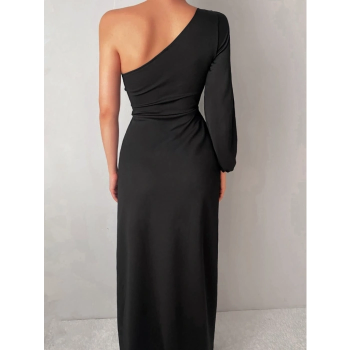 Tek Omuz Açık Derin Yırtmaçlı Krep Tam Boy Elbise
