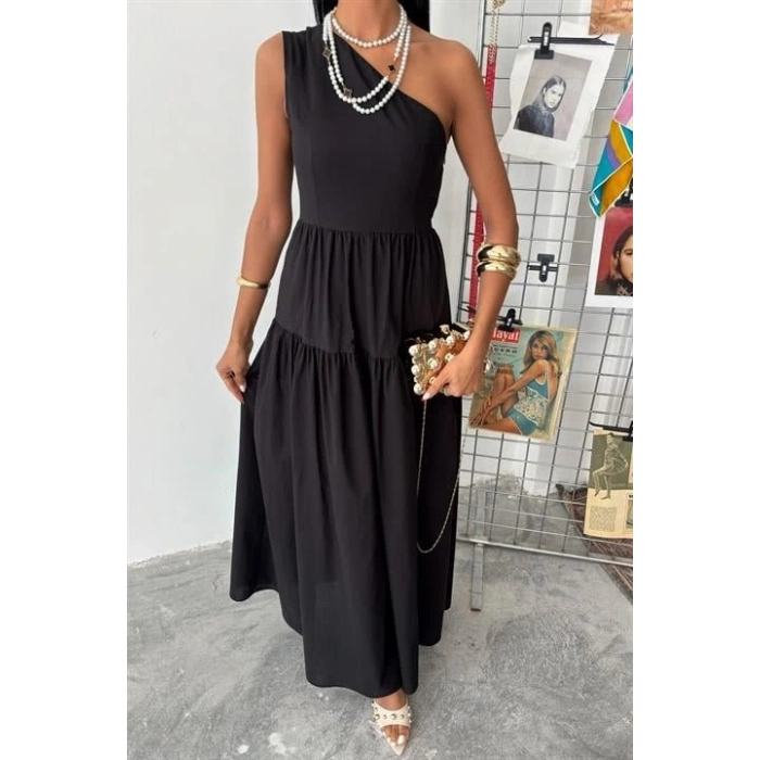 Tek Omuzlu Pile Detay Maxi Elbise 2895