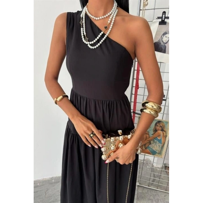 Tek Omuzlu Pile Detay Maxi Elbise 2895