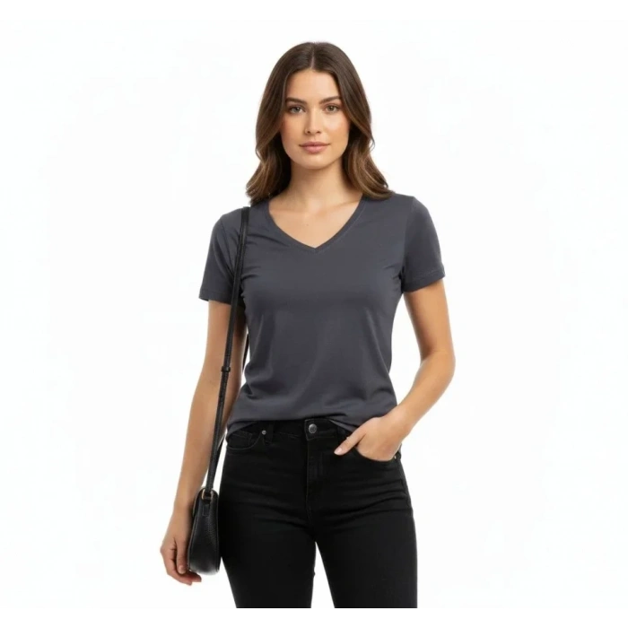 Thirt V Yaka lim Fit ikralı Tişört Günlük Basic Body  Füme