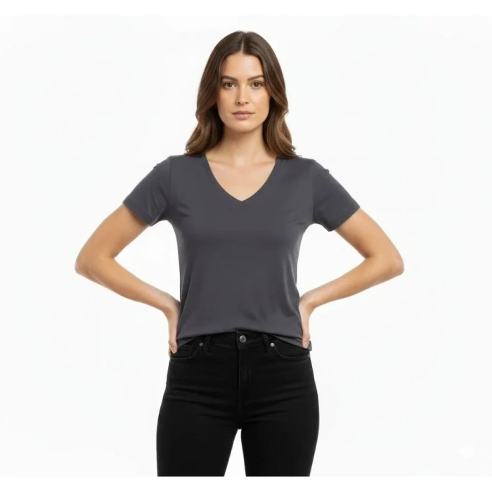 Thirt V Yaka lim Fit ikralı Tişört Günlük Basic Body  Füme