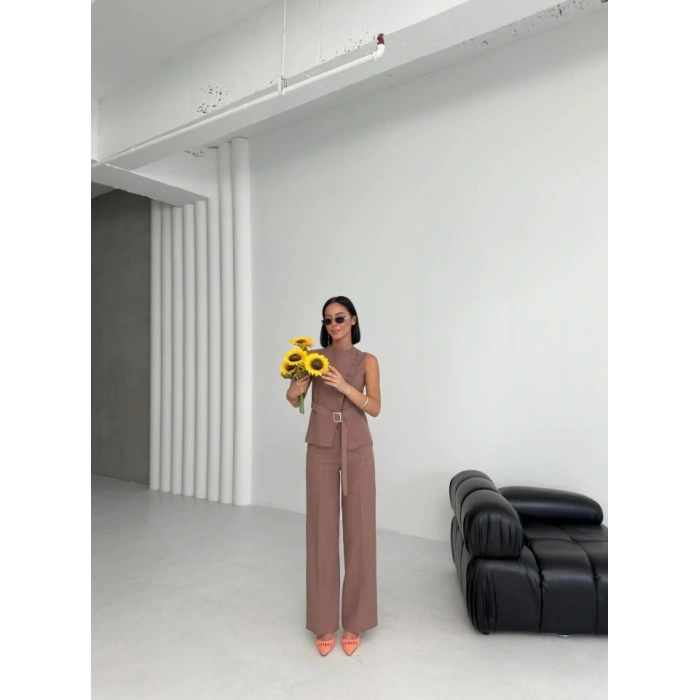 Ti̇na Asi̇metri̇k Keten Yelek Pantolon Takim