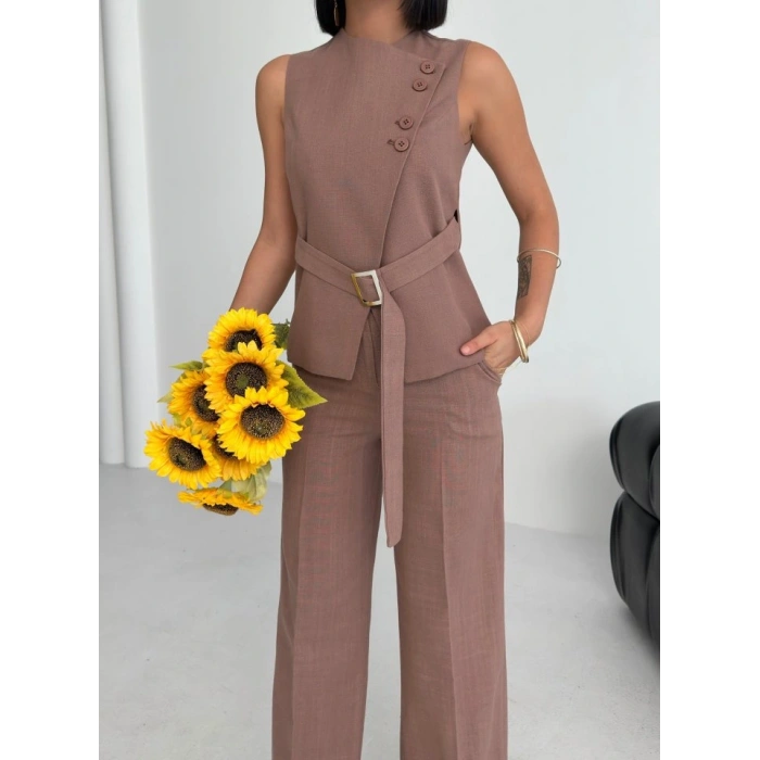 Ti̇na Asi̇metri̇k Keten Yelek Pantolon Takim