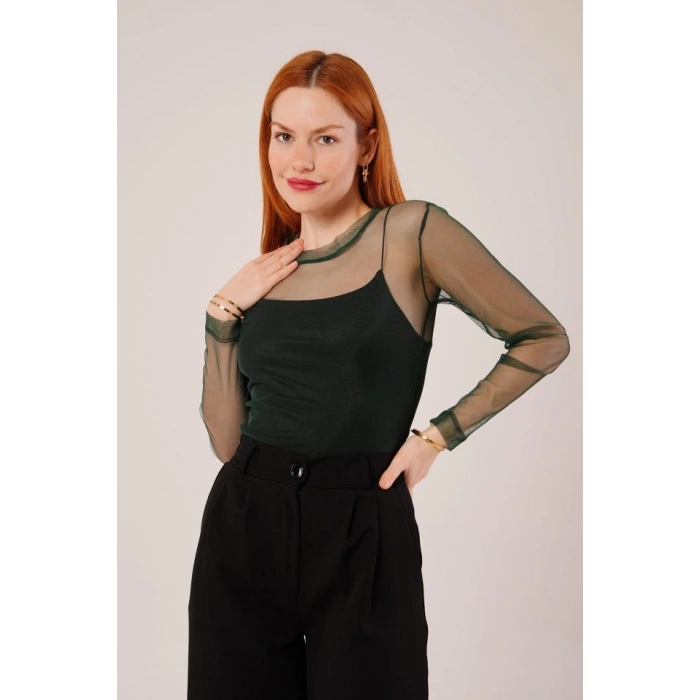 Transparan Yeşil Tül Basic Bluz