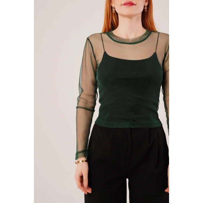 Transparan Yeşil Tül Basic Bluz