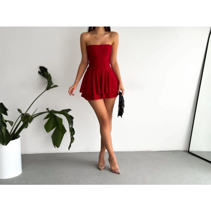 traplez andy Kumaş Şortlu Prenses Etek ini Kloş Elbise  Kırmızı