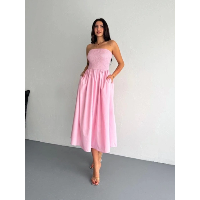 traplez Pileli Elbise  Pembe