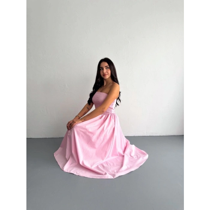 traplez Pileli Elbise  Pembe