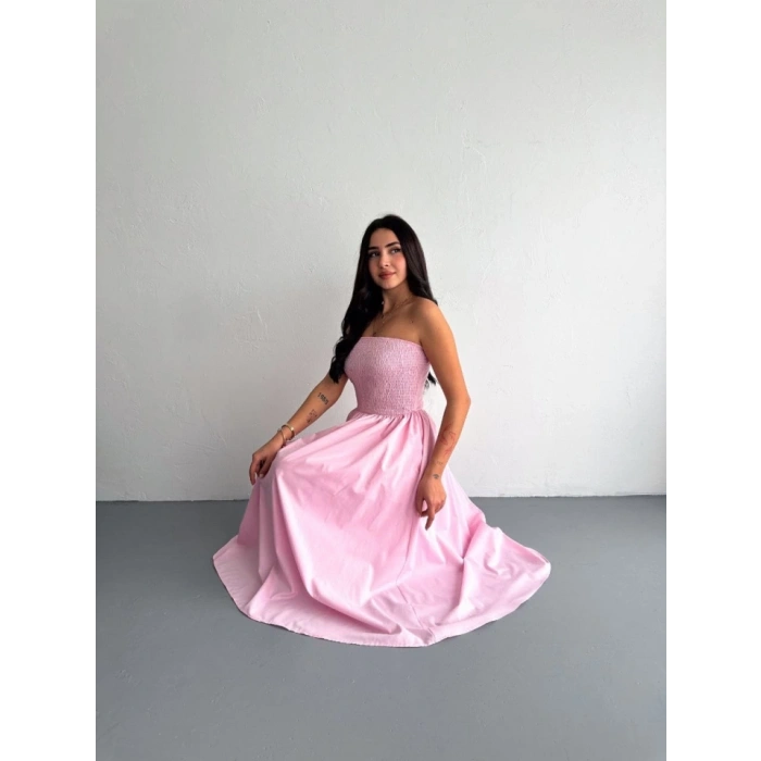 traplez Pileli Elbise  Pembe