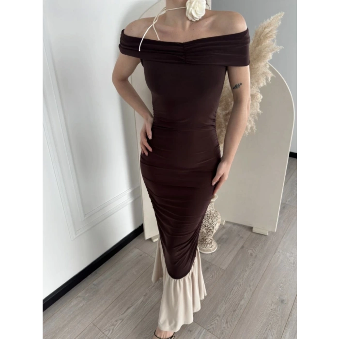 triptiz Omuzlu Uzun Elbise Kahve