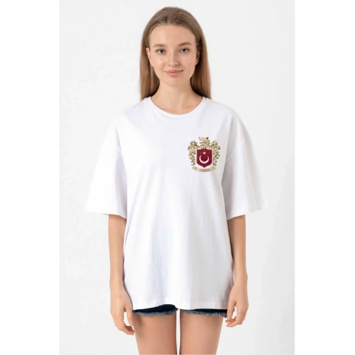 Türk Arma Baskılı Oversize Bisiklet Yaka Günlük Tshirt  Beyaz