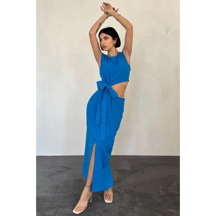 Turkuaz Kuşaklı Crop Ve Etek Takım