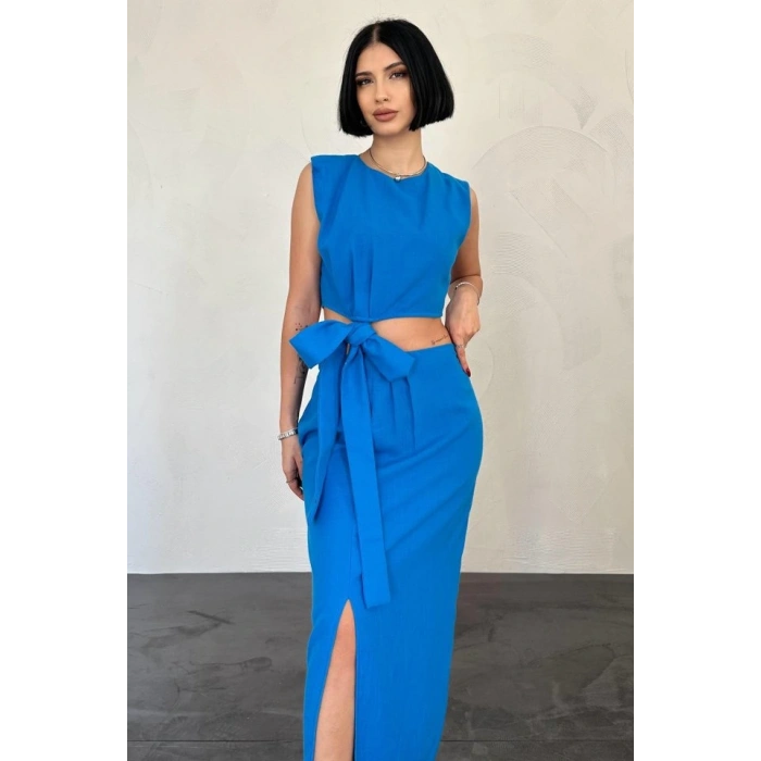 Turkuaz Kuşaklı Crop Ve Etek Takım