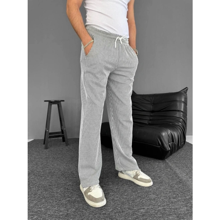 u Yolu Çizgili Cepli Pantalon  Gri