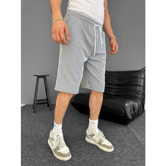 u Yolu Çizgili Cepli Şort Gri