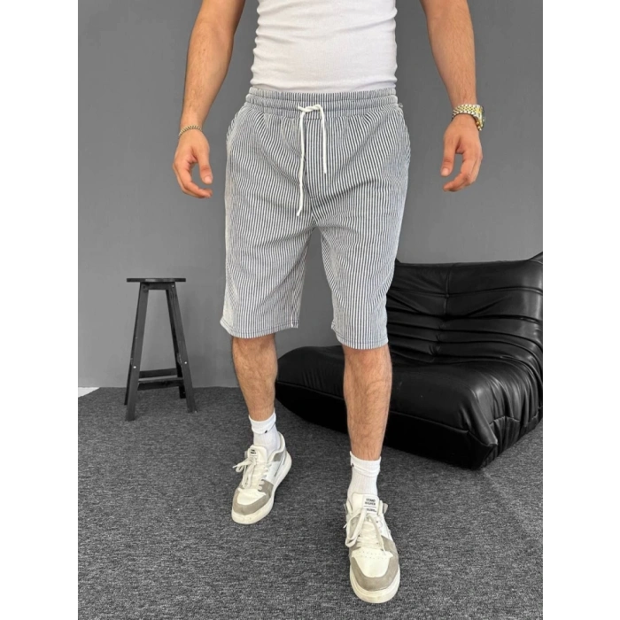 u Yolu Çizgili Cepli Şort Gri