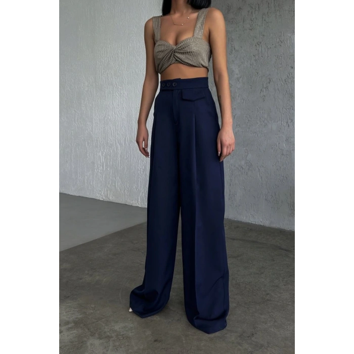 Üç Düğme Detayli Palazzo Pantolon