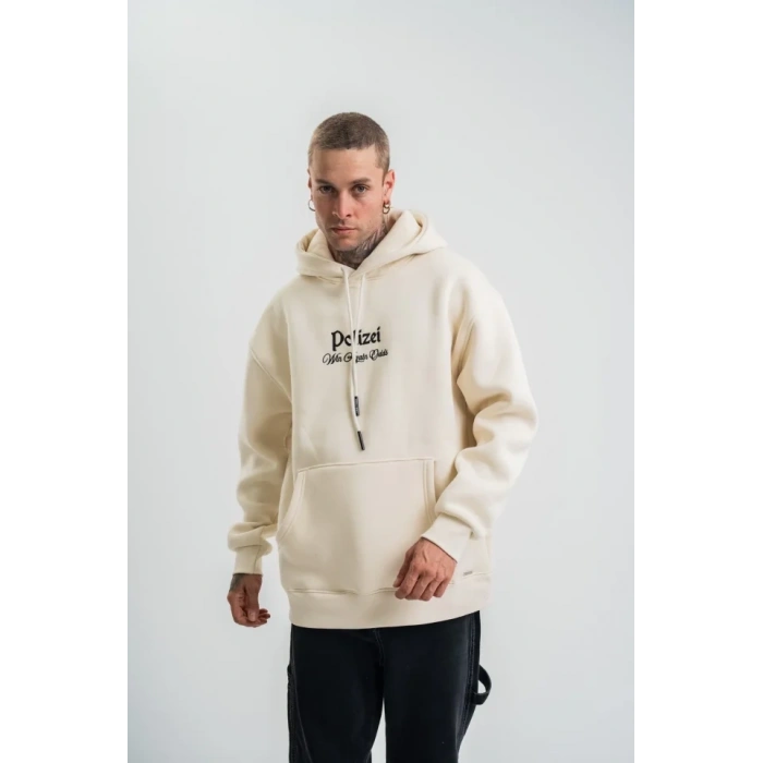 Üç İplik Kapşonlu Dijital Patchli SweatShirt  Krem