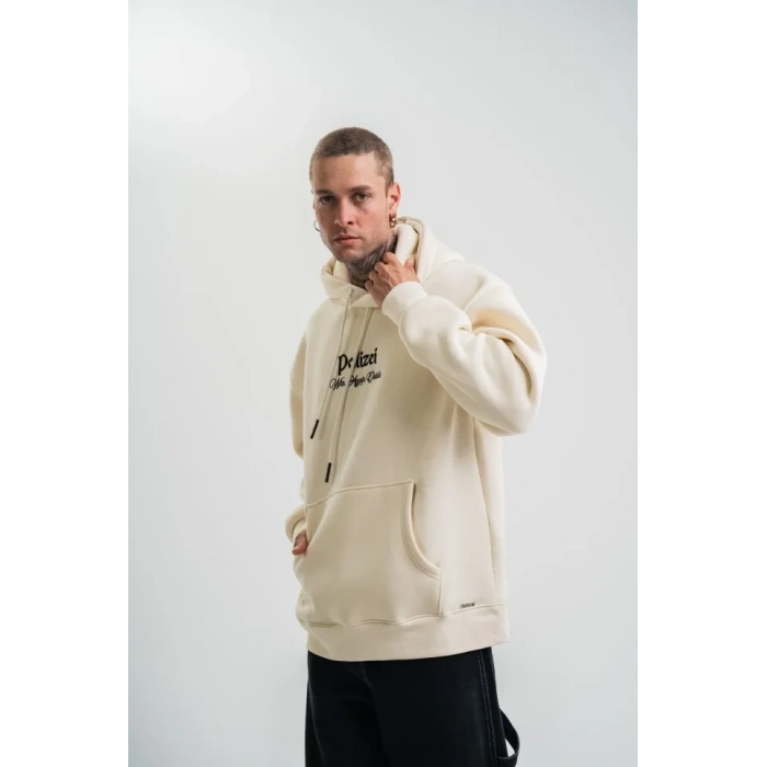 Üç İplik Kapşonlu Dijital Patchli SweatShirt  Krem