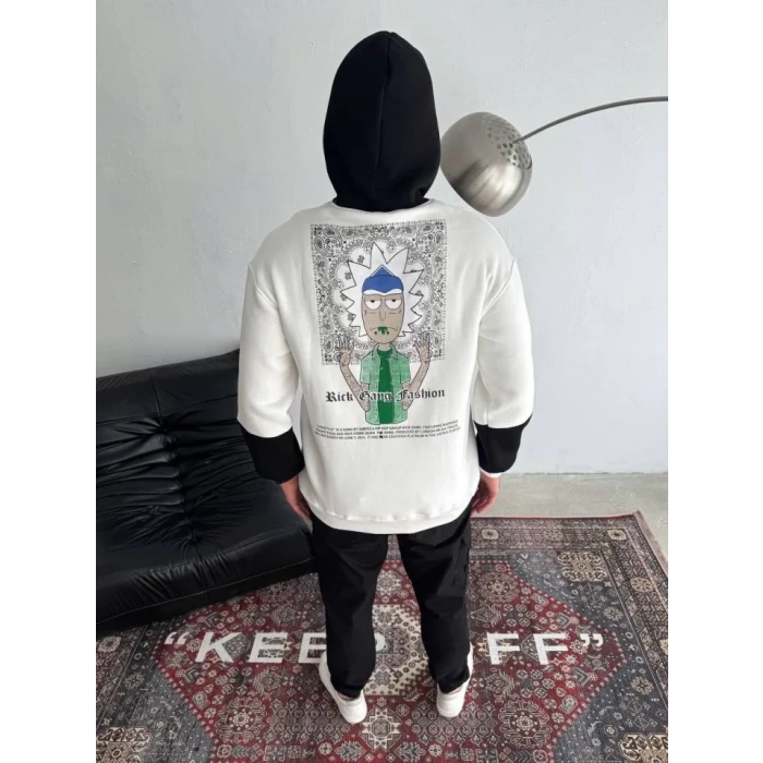 Üç İplik Kapşonlu Parçalı Baskılı weathirt  Beyaz