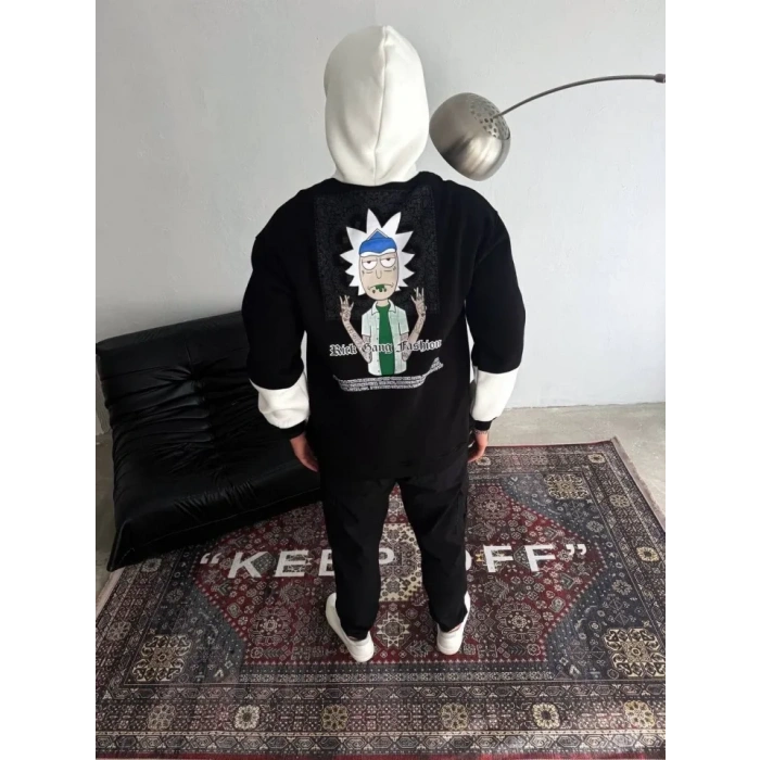 Üç İplik Kapşonlu Parçalı Baskılı weathirt  iyah