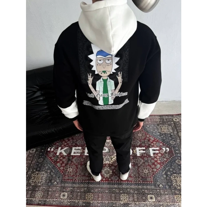 Üç İplik Kapşonlu Parçalı Baskılı weathirt  iyah