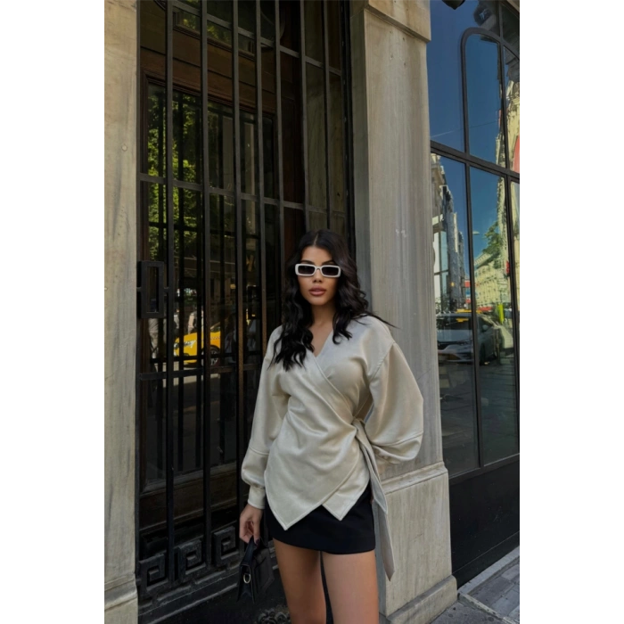 ÜET KRUVAZE BLUZ BAĞLAMA DETAYLI  Taş