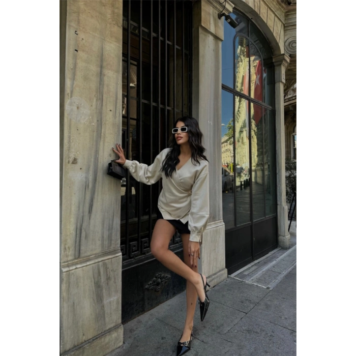 ÜET KRUVAZE BLUZ BAĞLAMA DETAYLI  Taş