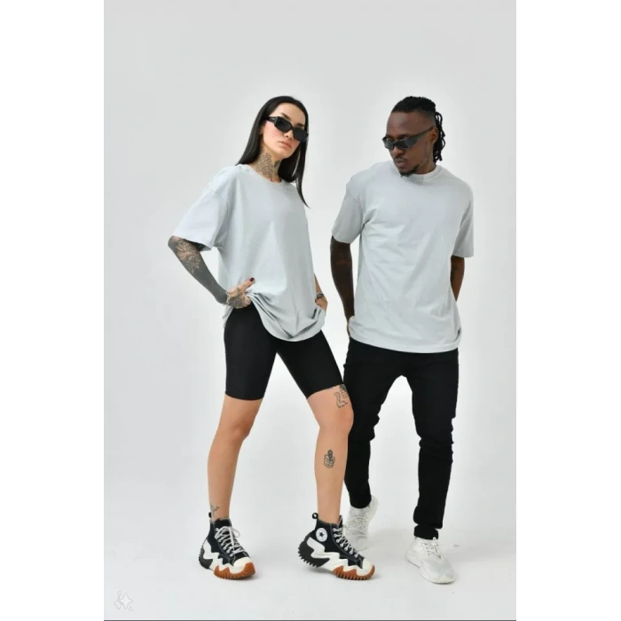 Unisex Basic Bisiklet Yaka Oversize Thirt  Boyalı Gri