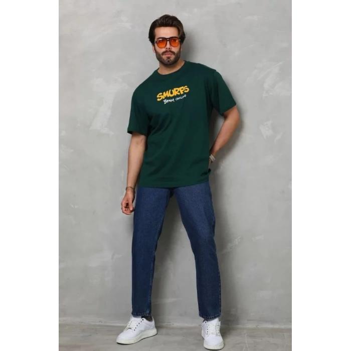 Unisex Basic Bisiklet Yaka Oversize Thirt  Yeşil