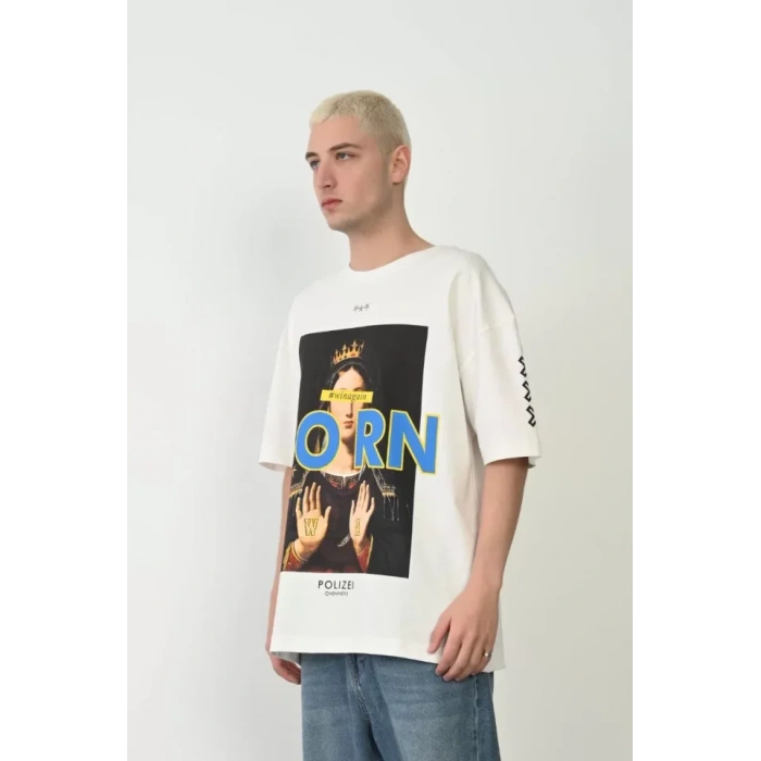 Unisex Baskılı Bisiklet Yaka Oversize Thirt  Beyaz