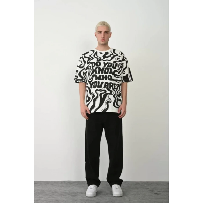 Unisex Baskılı Bisiklet Yaka Oversize Thirt  Beyaz