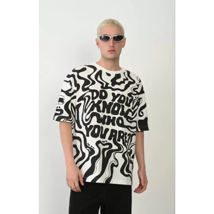 Unisex Baskılı Bisiklet Yaka Oversize Thirt  Beyaz