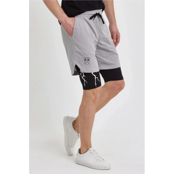 Unisex Baskılı İç Cepli porcu Alt Taytlı Şort  Gri