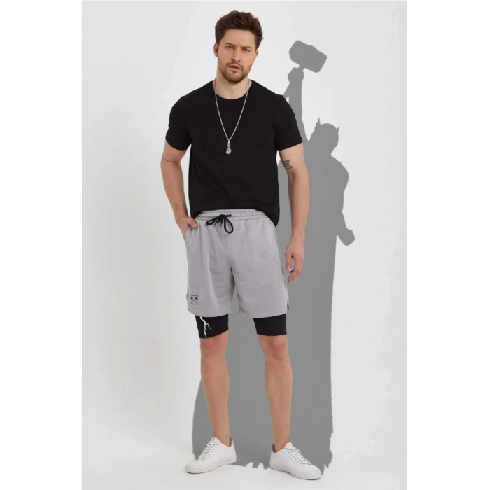 Unisex Baskılı İç Cepli porcu Alt Taytlı Şort  Gri