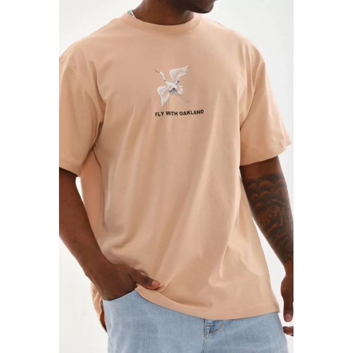 Unisex Baskılı Oversize Thirt  Bej