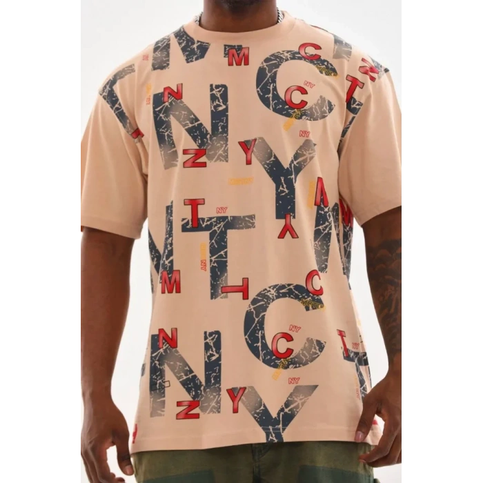 Unisex Baskılı Oversize Thirt  Bej