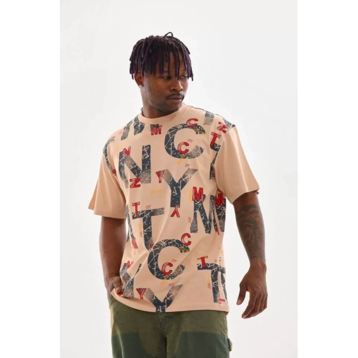 Unisex Baskılı Oversize Thirt  Bej